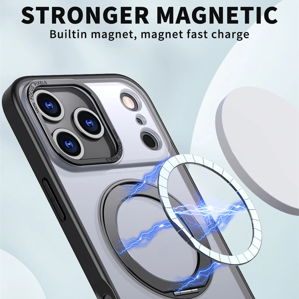 Luxury Rotating Magnet Ring Fold Stand Phone Case For iPhone 17 Air 15 16 Pro Max 14 13 12 11 Lens Protector Clear Acrylic Cover 3