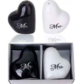 Creative Salt Pepper Round+Cube Ceramic Mr. and Mrs. Salt Pepper Shakers Canister Set Wedding Party Favors