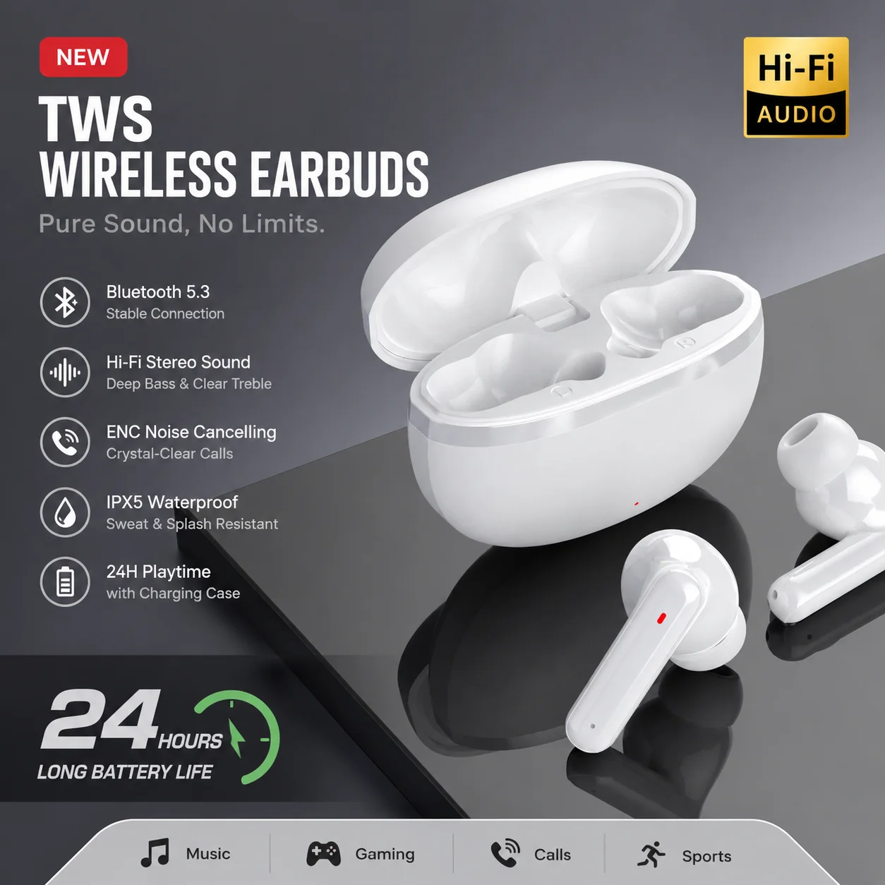 Wireless HiFi Stereo Earbuds with ENC Noise Cancelling Mic and LED Display