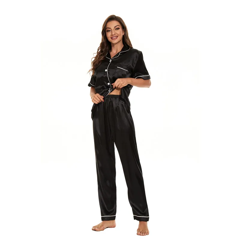 Women Satin Party Pajamas Set 2 Pieces Short Sleeve Casual Homewear Spring Summer Silk Sleepwear Set