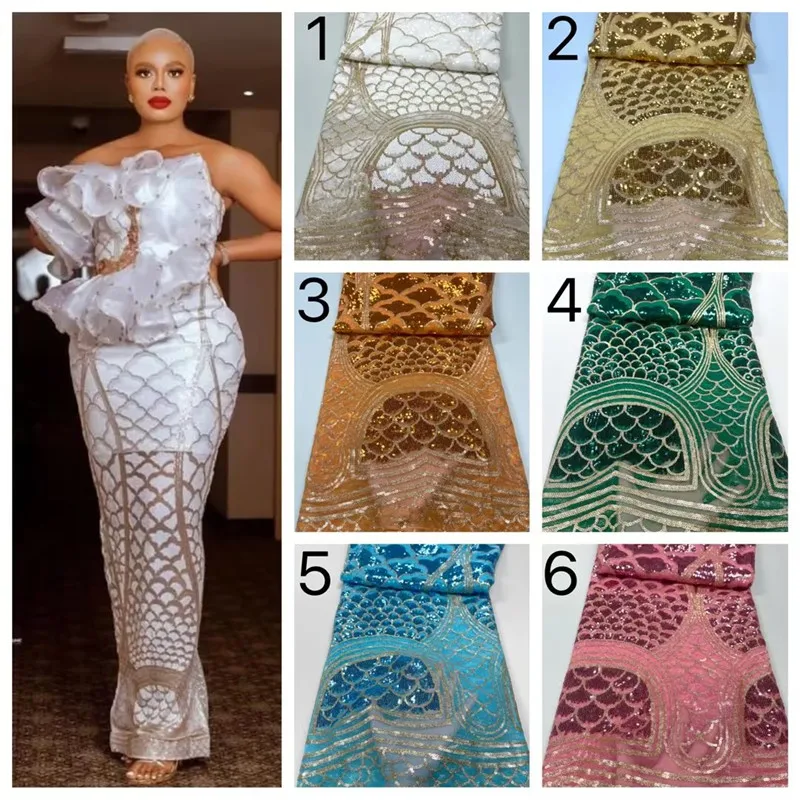 

African Latest Green Lace Fabric Embroidery Mesh Tulle Lace With Sequins High Quality Net 5 Yards Fabric For Party Dress Sew