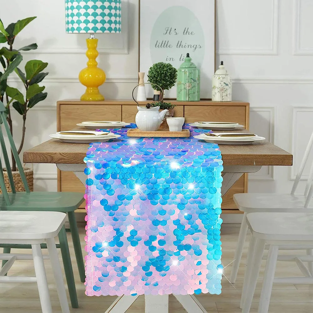 

Ocean Wind Blue Sparkle Wedding Table Runner Handtailor Sequin Luxury For Party Birthday Christmas Saint Valentine's Day Decor