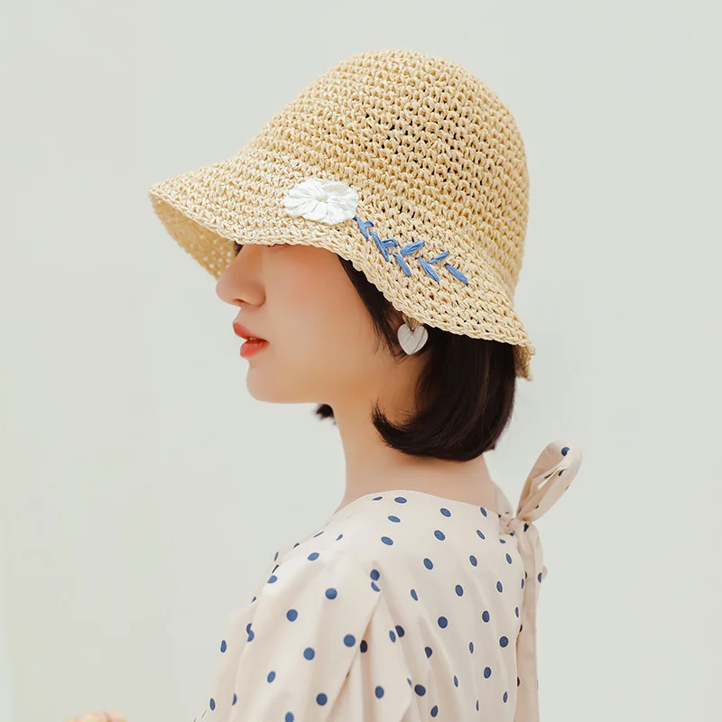 여성용 빨대 모자, 수제 짠 후크, 꽃 어부 모자, 접이식 야외 모자, 태양 모자, 여름 신상