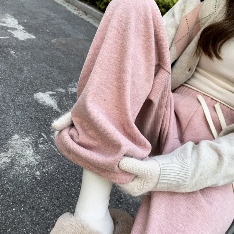 

Milkshake Glutinous Rice Wide-leg Pants Women's Cashmere Strips Fall Winter Plus Velvet Soft Waxy Drape Straight Casual Pants