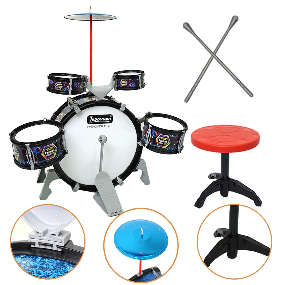 Kids Drum Set Toddler Jazz 7 Drums With Small Stool Drum Stick Set Music Instrument Educational Toy Beginners Montessori Gift 6