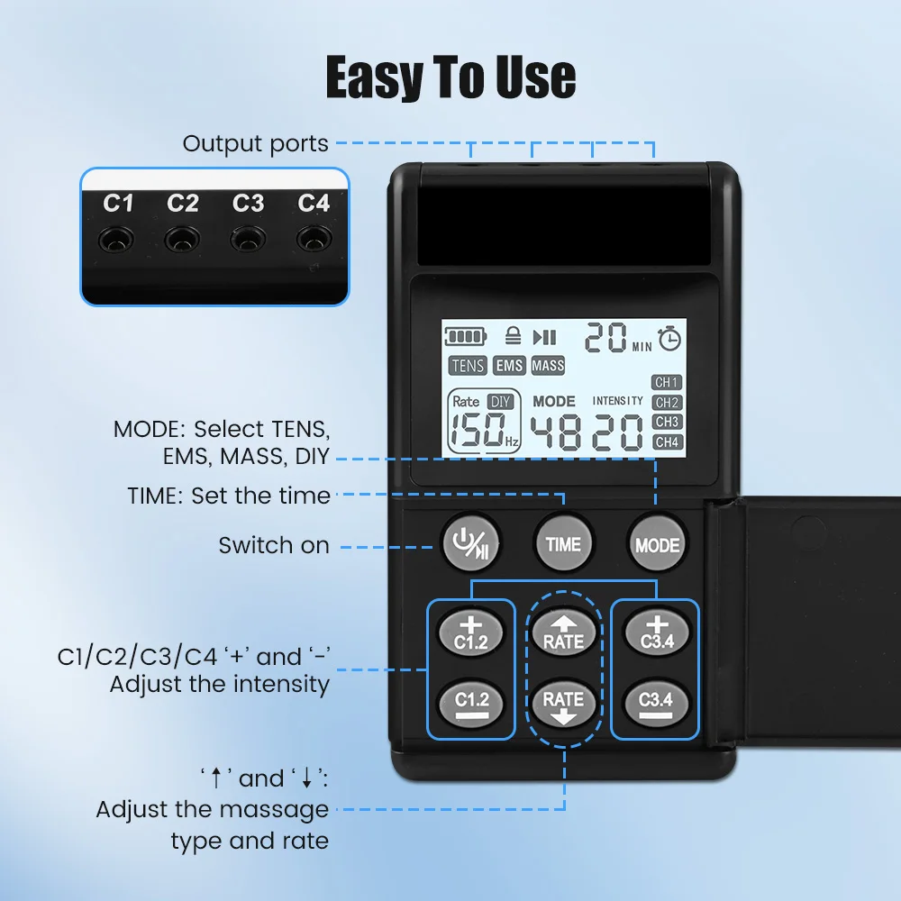 Digital TENS EMS Unit 4-Channel Rechargeable Muscle