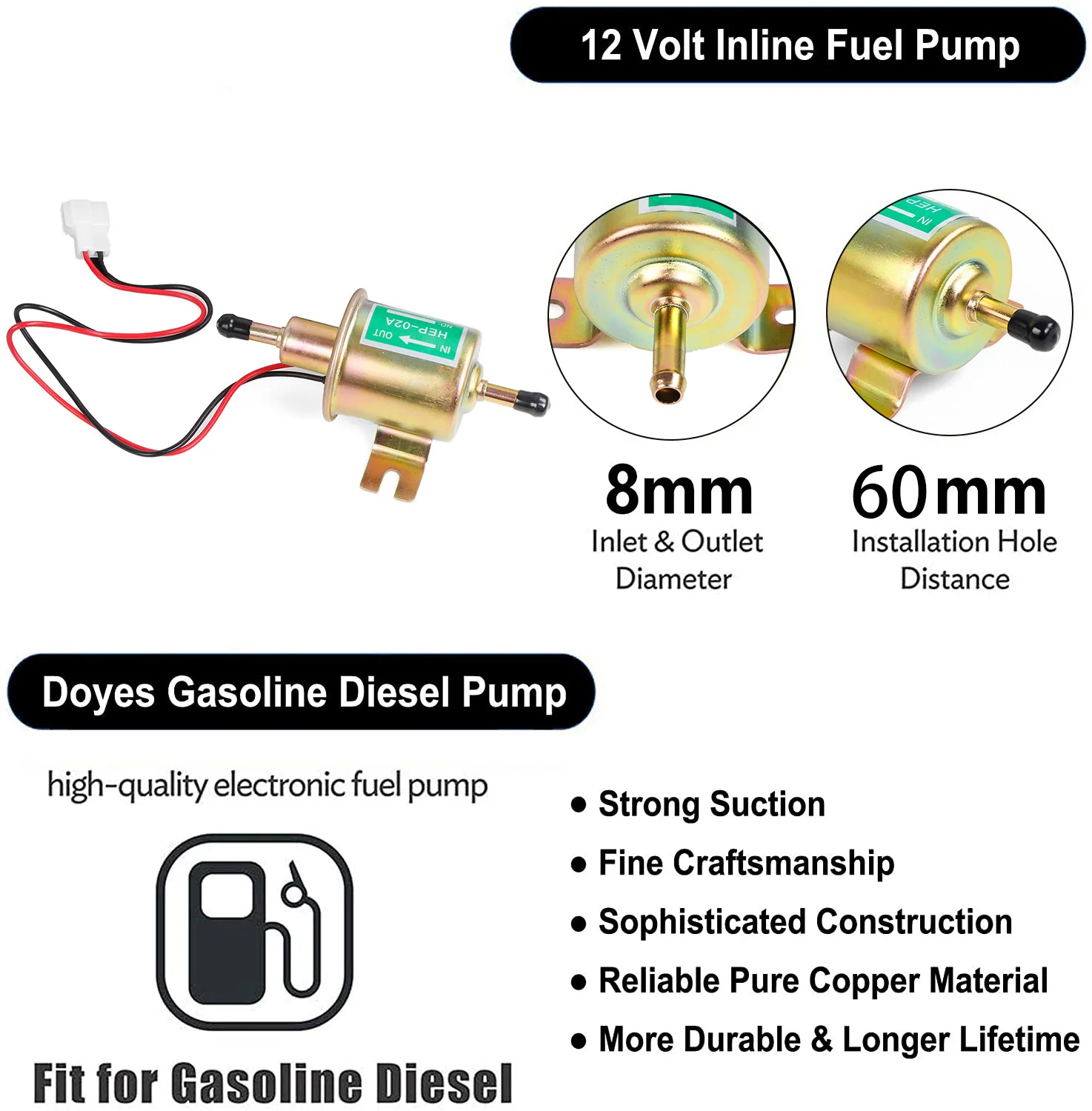 Inline Brandstofpomp 12V - Lage Druk Benzine/diesel Pomp Voor Generatoren, Auto's, Boten, Universeel Model HEP-02A