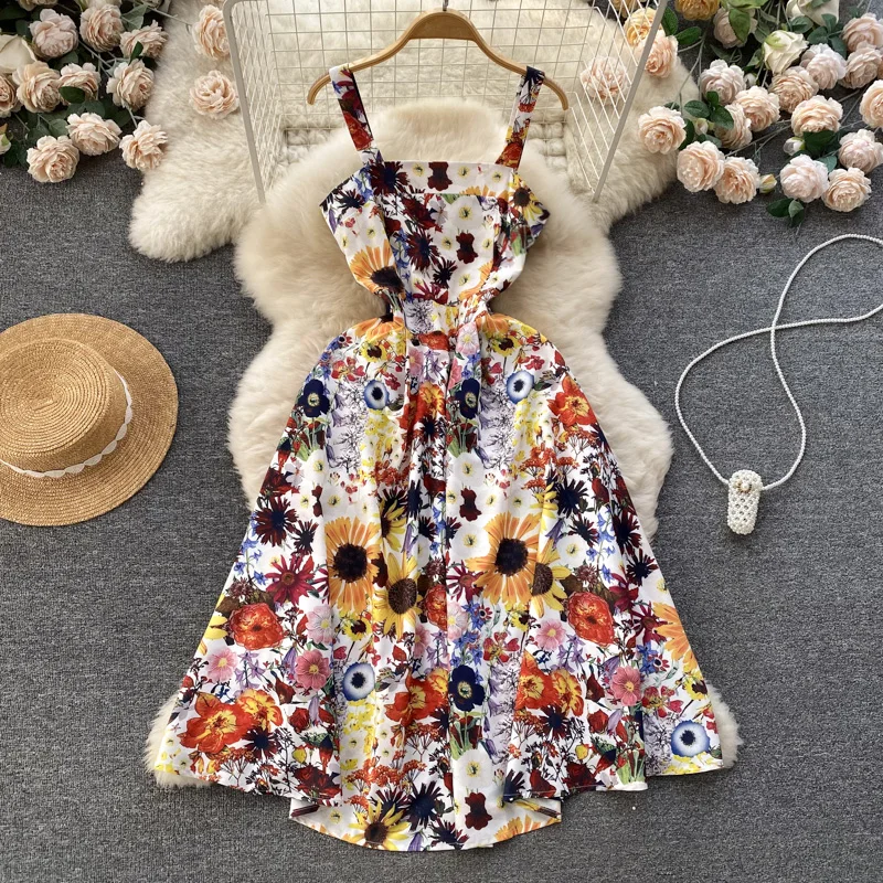 

Merchall 2023 Summer Women Spaghetti Strap Midi Dress Runway Off Shoulder Floral Print High Waist Holiday Beach Dress M1898