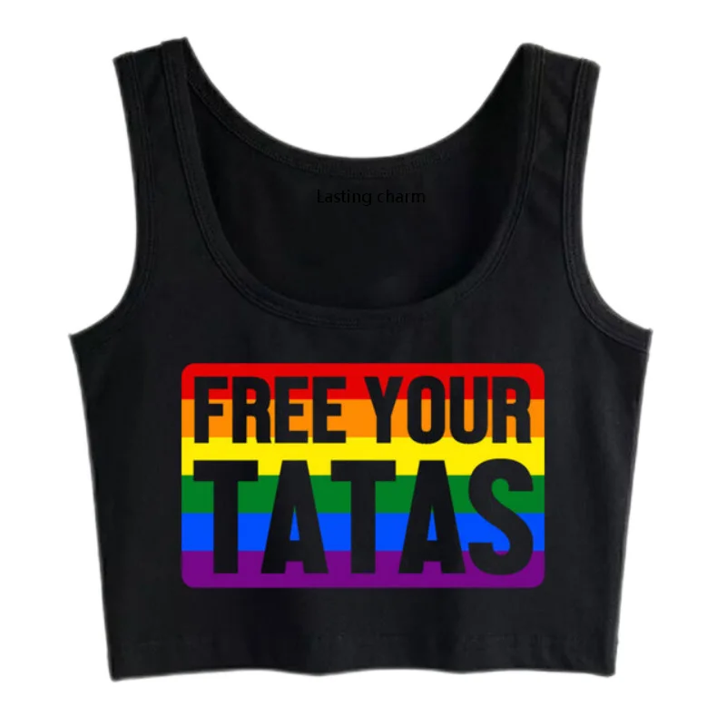 

Lasting charm Crop Top Sports Free Your Tatas Lgbt Rainbow No Bra Day Funny Harajuku Print Tops
