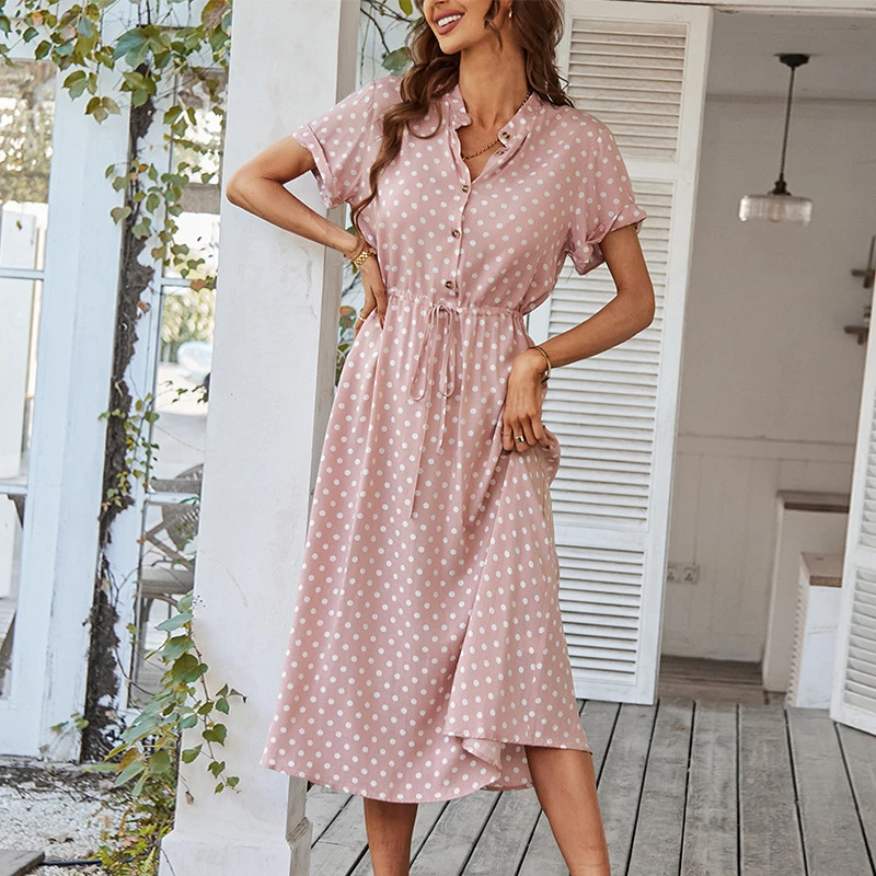 

2024 Ladies Polka Dot Print Shirt Dress Casual Midi Holiday Summer Dresses for Women Loose Beach Dress Sundress Robe Vestidos