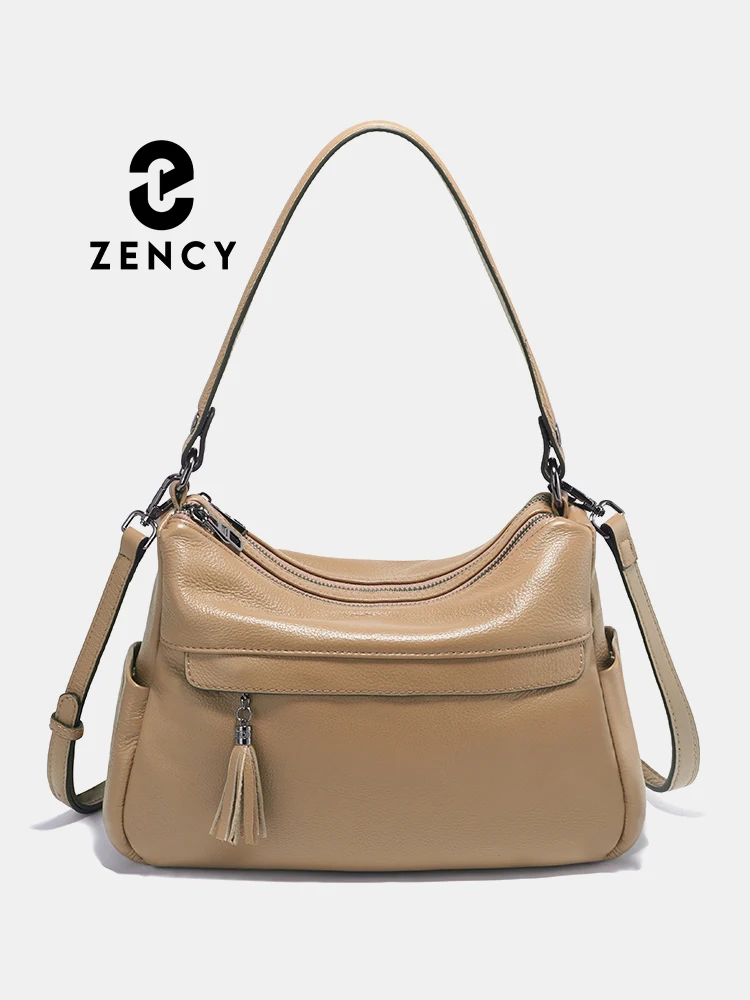Zency 100% Genuine Leather Soft Women's Shoulder Bag Trendy Designer Handbags Tassel Large Capacity White Hobo Bag Crossbody