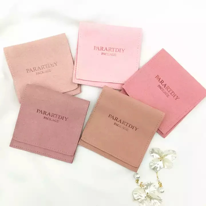 

SheepSew 85X85mm Pink High Quality Handmade Microfiber Jewelry Bag Packaging Custom Logo Jewelry Pouch with flap