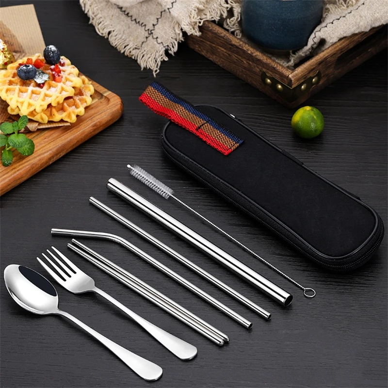 Tableware Set 8Pcs/set reusable travel cutlery camp utensils with stainless steel spoon fork chopsticks straw portable case picnic cutlery set picnic tableware camping cutlery set stainless steel cutlery set cutlery set