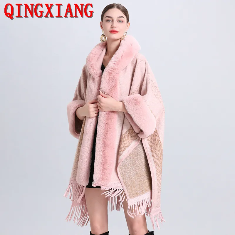 2022 Women Winter Chirstmas Thick Snow Printed Red Poncho Capes Outstreet Wear Cloak With Hat Faux Fur Streetwear Loose Coat 2022 new winter short women s 90% white duck down jacket casual candy color warm bread jacket women s hooded loose snow jacket