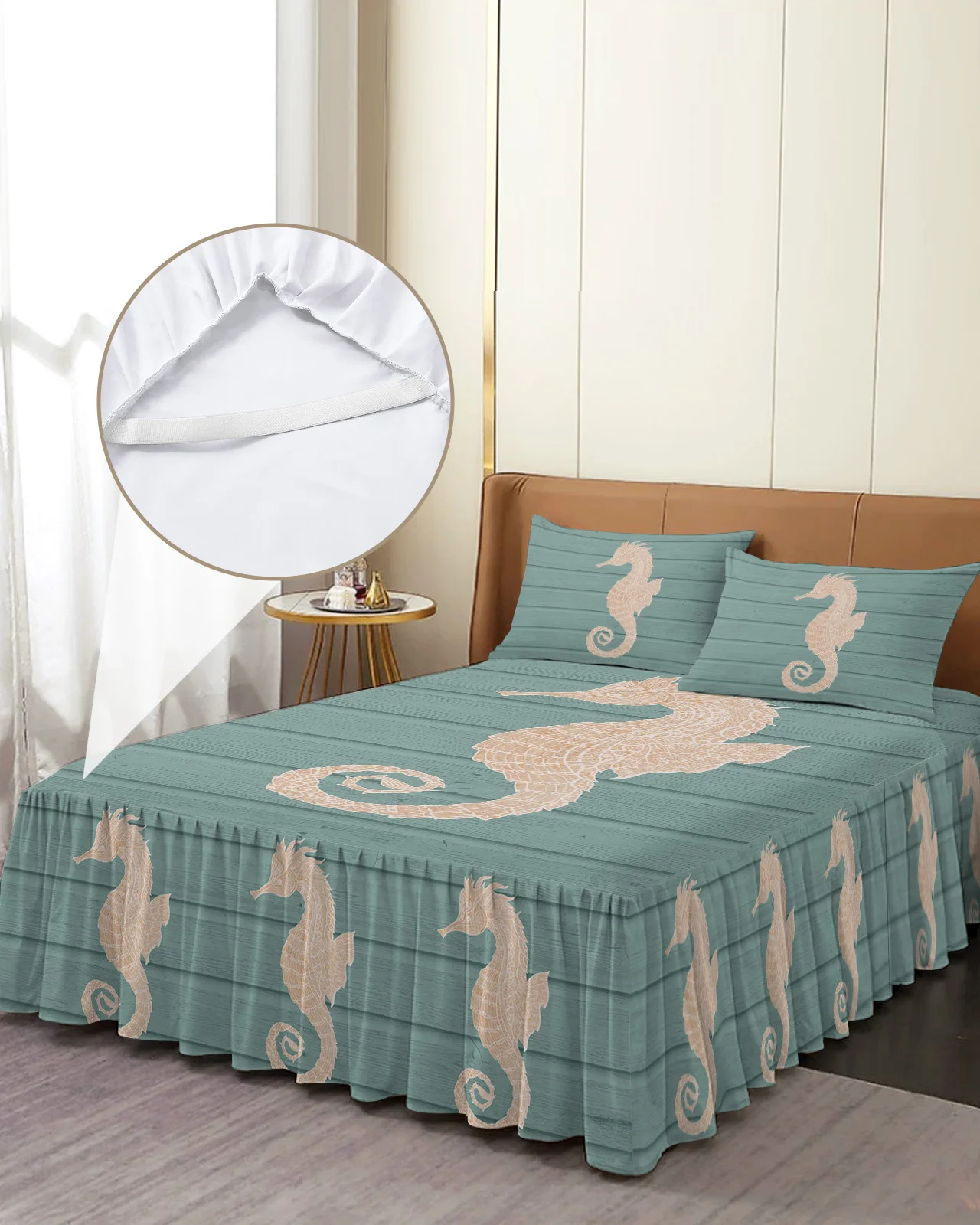 

Seahorse Cyan Wooden Texture Bed Skirt Elastic Fitted Bedspread With Pillowcases Mattress Cover Bedding Set Bed Sheet