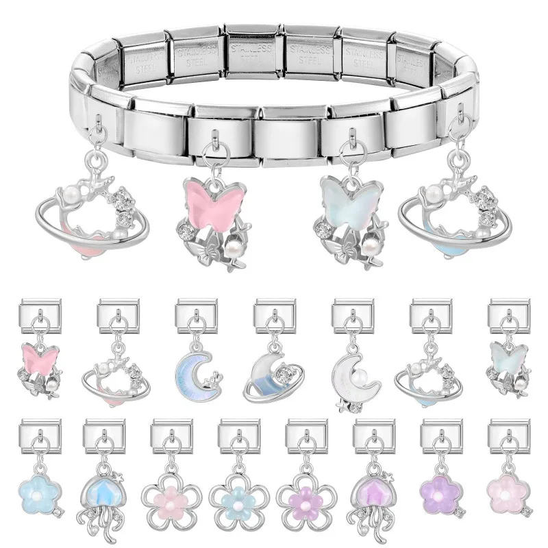 Vintage Glitter Pendant Italian Charm Links Fit 9MM Stainless Steel Bracelet