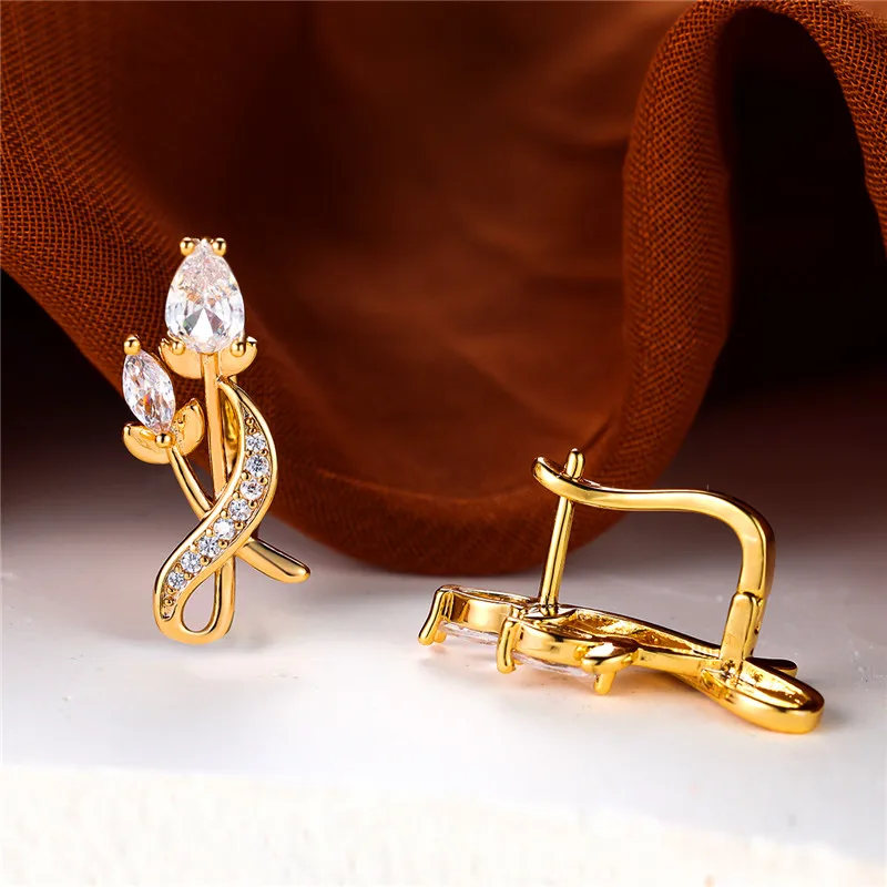 Luxury Female White Zircon Stone Flower Clip Earrings Yellow Gold Color Wedding Jewelry For Women