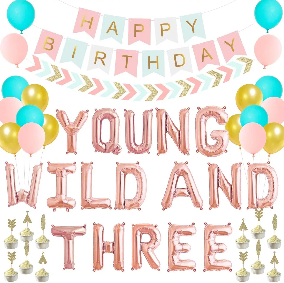 

Young Wild and Three Birthday Party Decoration, Happy Birthday Banner, Gold Glitter Cake Toppers for Girl 3rd Birthday Supplies