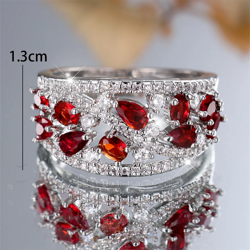 Luxury Crystal Red Water Drop Stone Engagement Rings For Women Vintage Silver Color Wedding Bands Jan Birthstone Jewelry Gifts