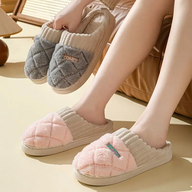 Cotton slippers for women in winter, thick soled, quiet, non slip, warm indoor, plush slippers for men in autumn and winter 2