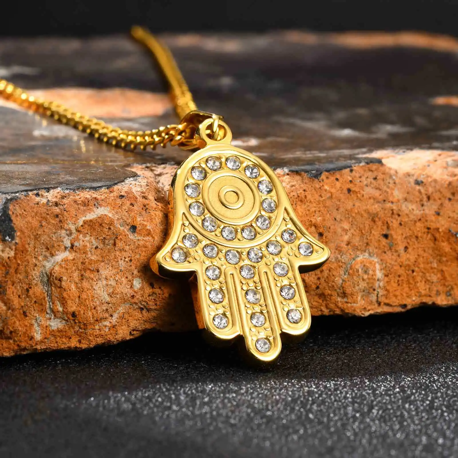The Hand of Fatima Zircon Necklace for Men,Gold Color Evil Eye Stainless Steel Pendant,Turkish Jewelry Gift