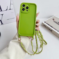 Elegant Crossbody Lanyard Necklace Leather Chain Silicone Phone Case Cover - iPhone 12 (Matcha green)