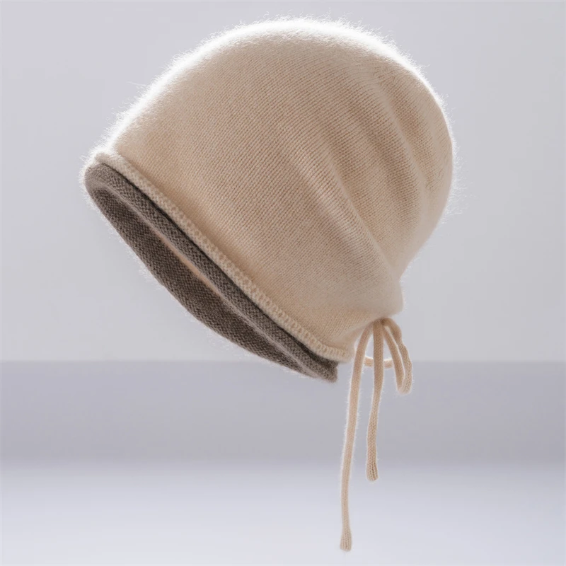 Damenmütze aus 100% reinem Kaschmir mit Kordelzug, Gesichtsformend, Winterwarme Strickmütze mit Farbblock und Rollrand