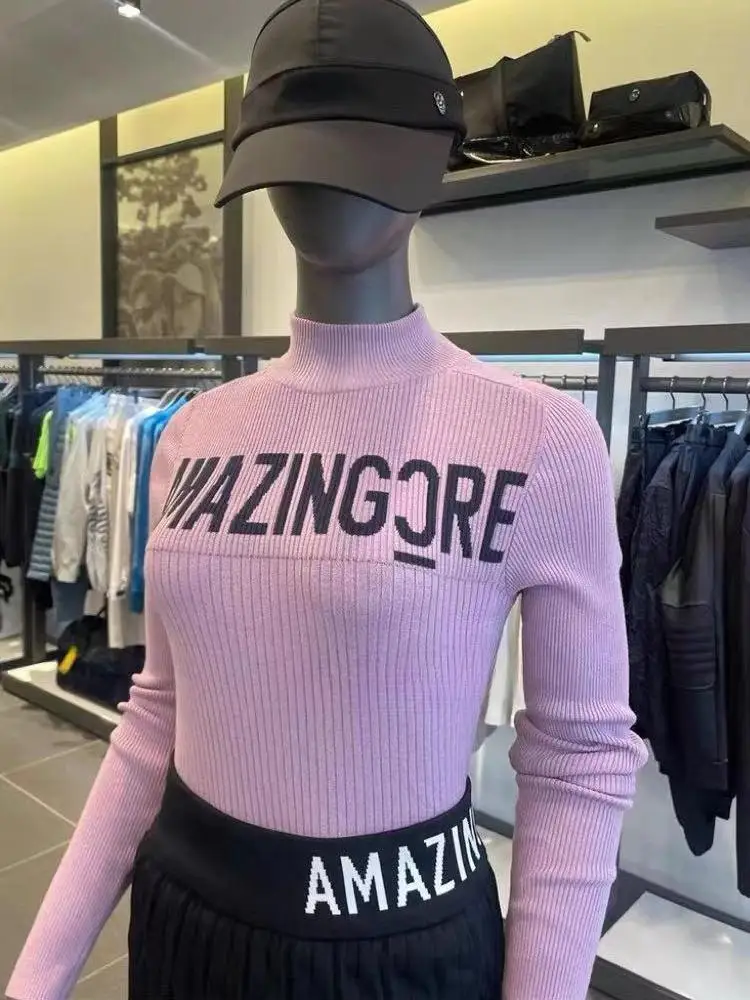 AMAZINGCRE Women's Golf Clothing Fashion Sports Temperament Versatile Semi-turtleneck Long Sleeve Knitted Sweater