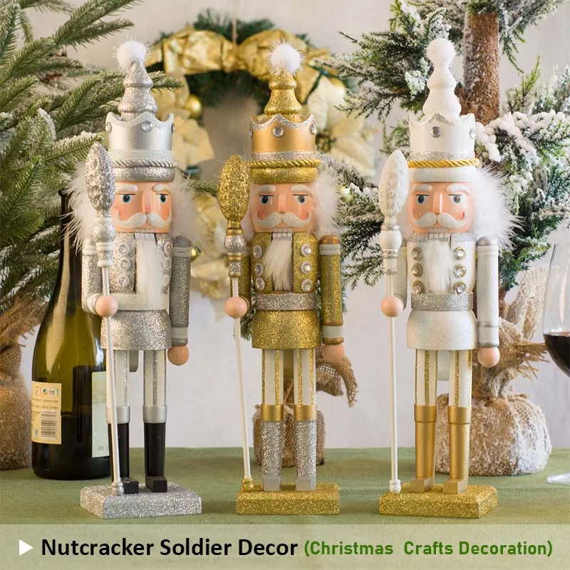

42CM Nutcracker Soldier King Puppet Glittering Powder Color Wooden Doll Handmade Craft Home Decoration Ornament Christmas Gift