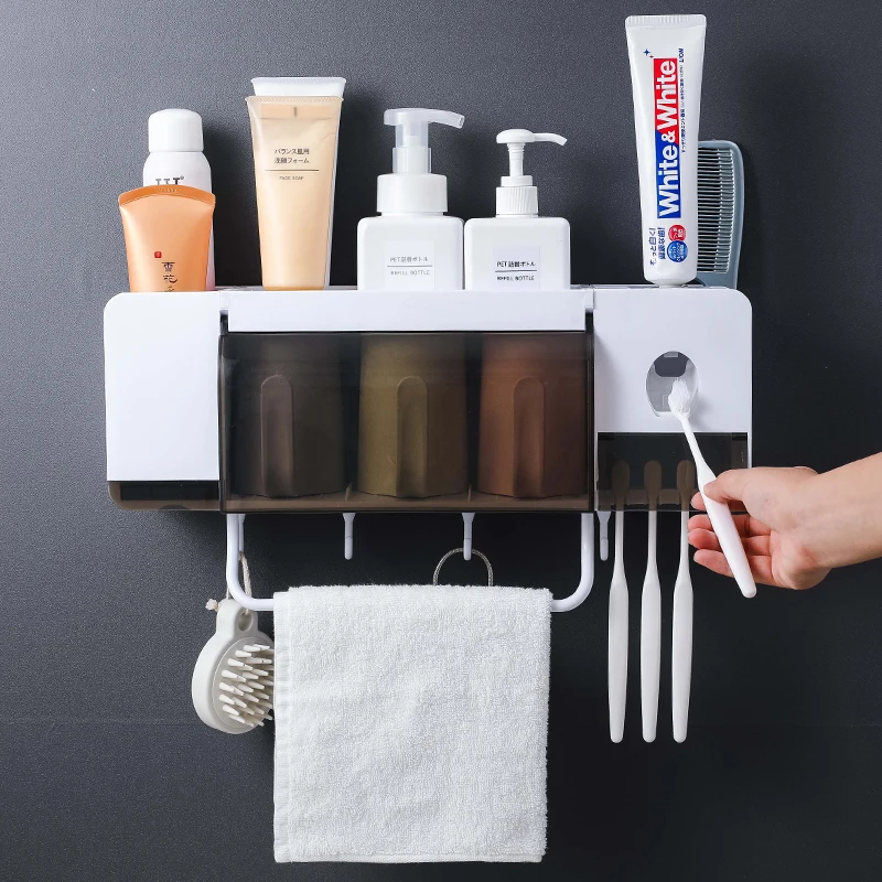 Toothbrush Holder Toothpaste Automatic Dispenser Bathroom Toiletries Storage Rack Clamshell Cup Rack Shelf Towel Bar Hook