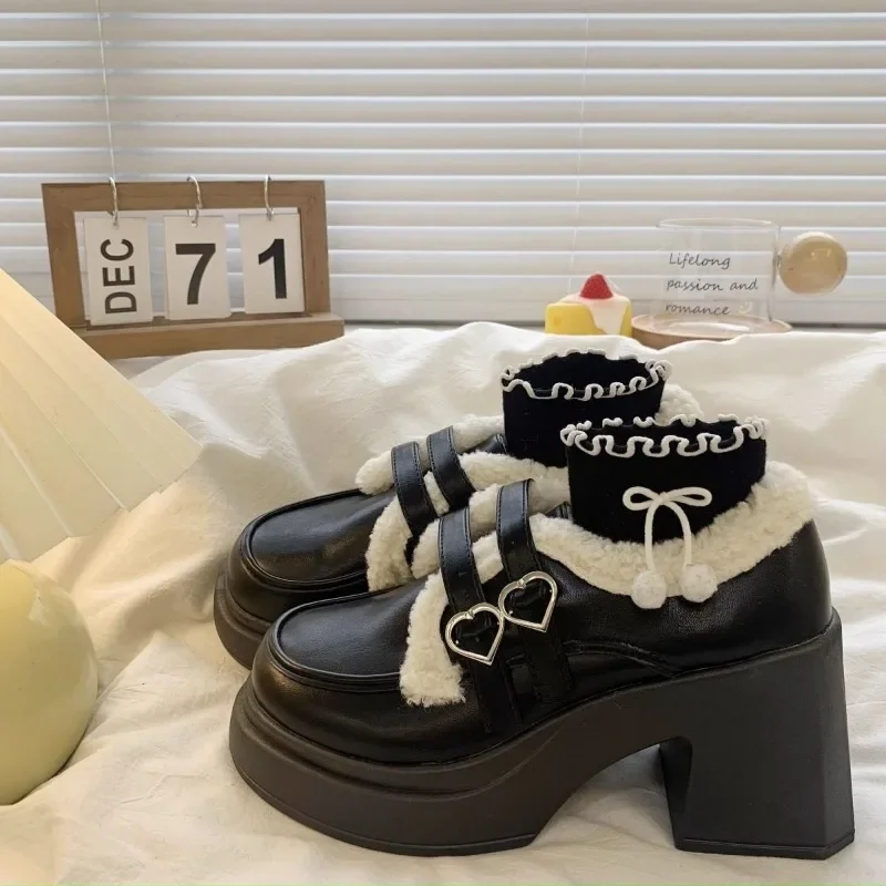 

Женские кожаные туфли в стиле "Лолита" на платформе, женские туфли мэри джейн на массивном каблуке, туфли-лодочки, зимняя теплая женская обувь для улицы, новинка 2023