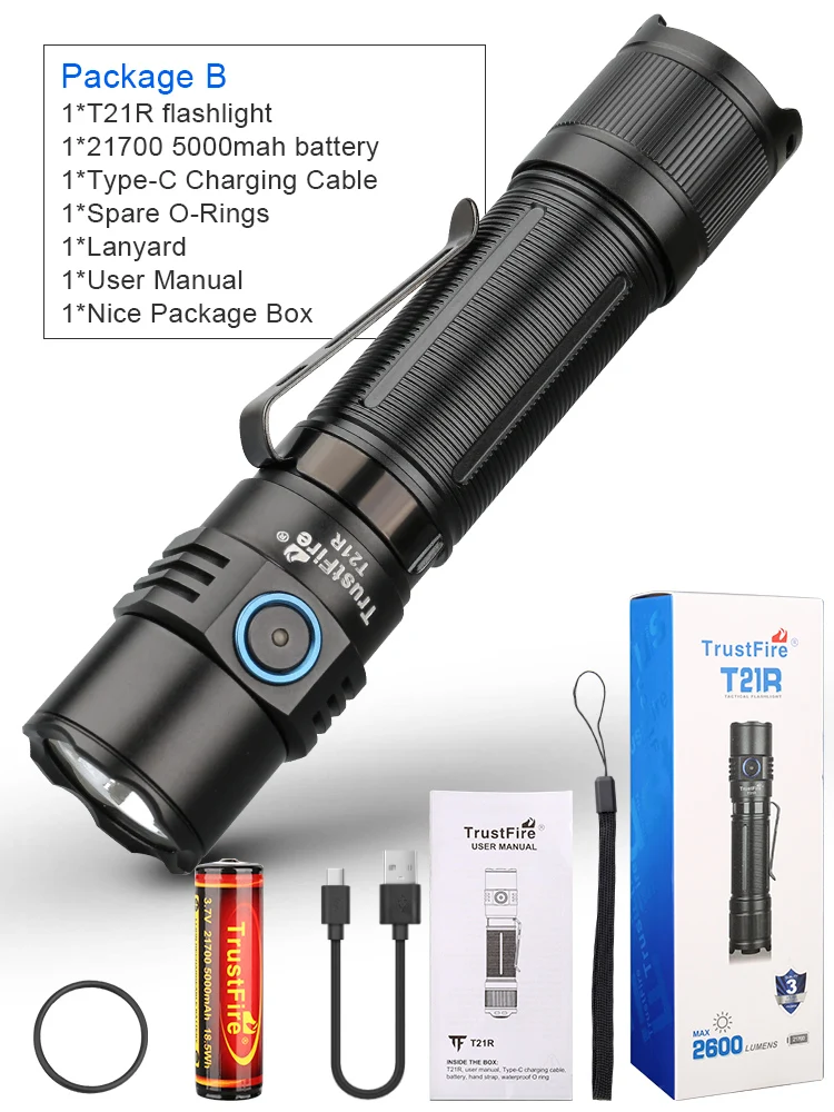 Trustfire T21R Tactical Led Flashlight 2600 Lumen Type C Rechargeable 21700 Battery Powerful Outdoor Lighting High Power Lantern small rechargeable torch Flashlights