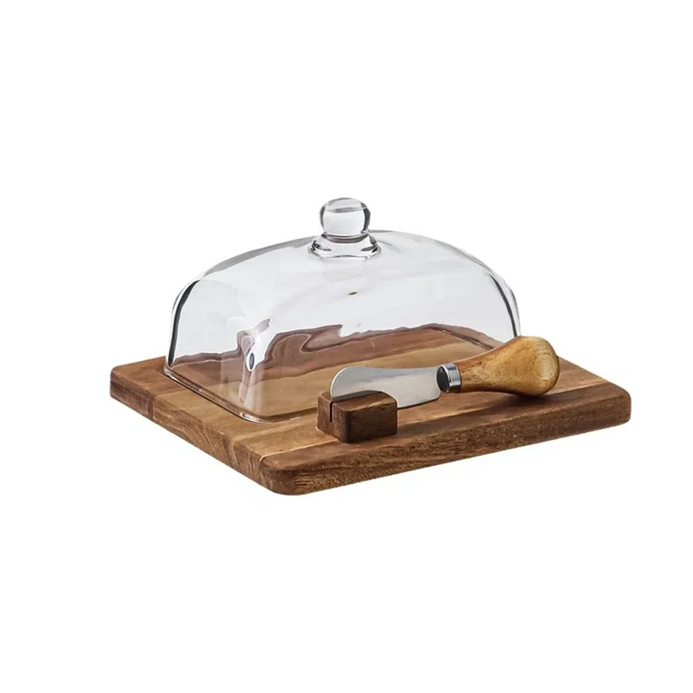 Retro Wooden Butter Box with Knife and Fork Clear Glass Lid Storage Boxs Cheese Butter Cheesecake Dessert Plate Storage Tray