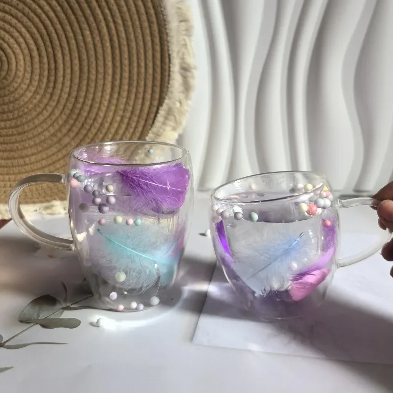 250/350ML Coffee Cup Feather Design Double-layer Glass Mug Heat-resistant Coffee Glass Home Office Yogurt Juice Cup Gift double wall glass cup glass water cup