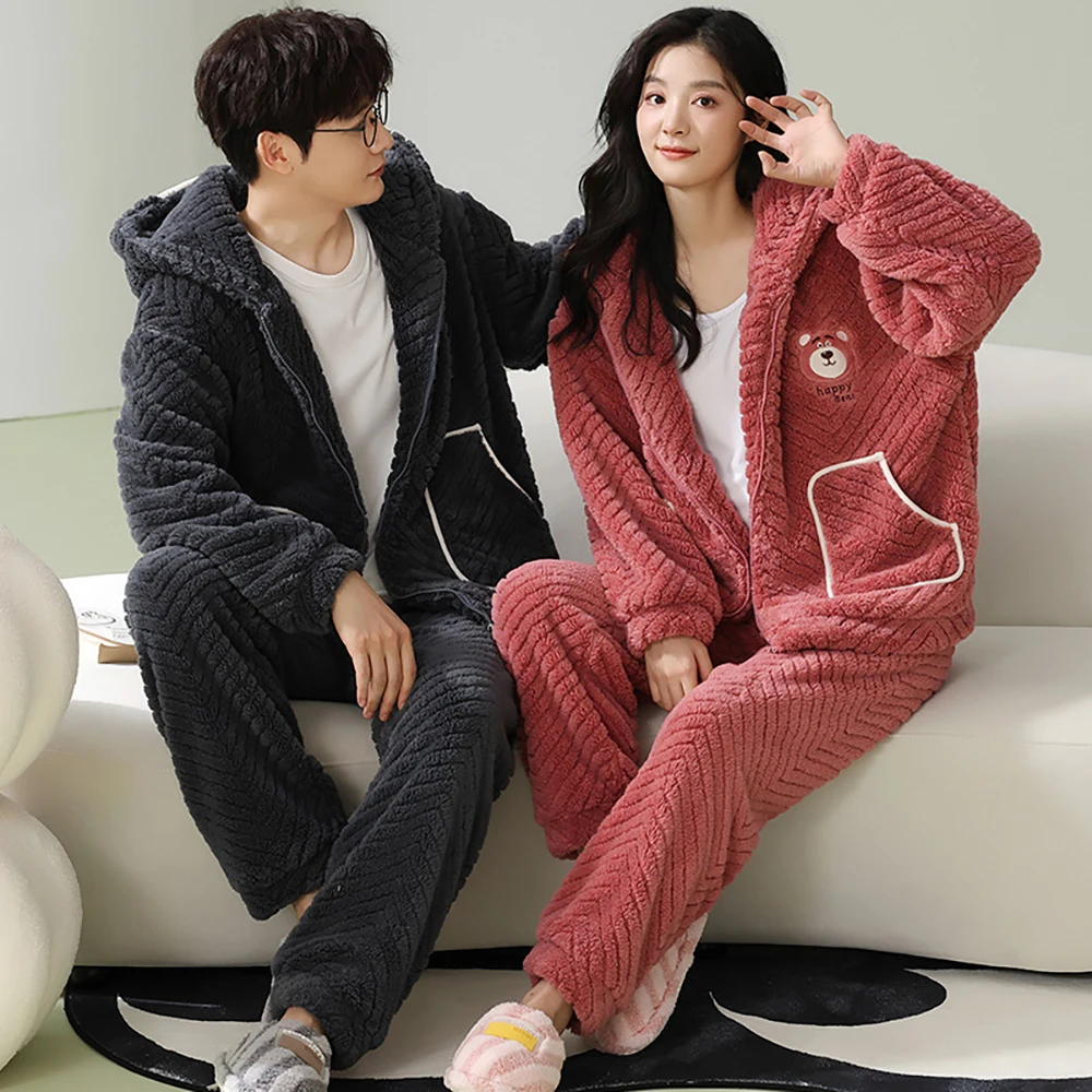 남성용 겨울 후드 잠옷 플란넬, 두꺼운 따뜻한 커플 잠옷, 수면 만화 지퍼 캐주얼 잠옷 세트 
