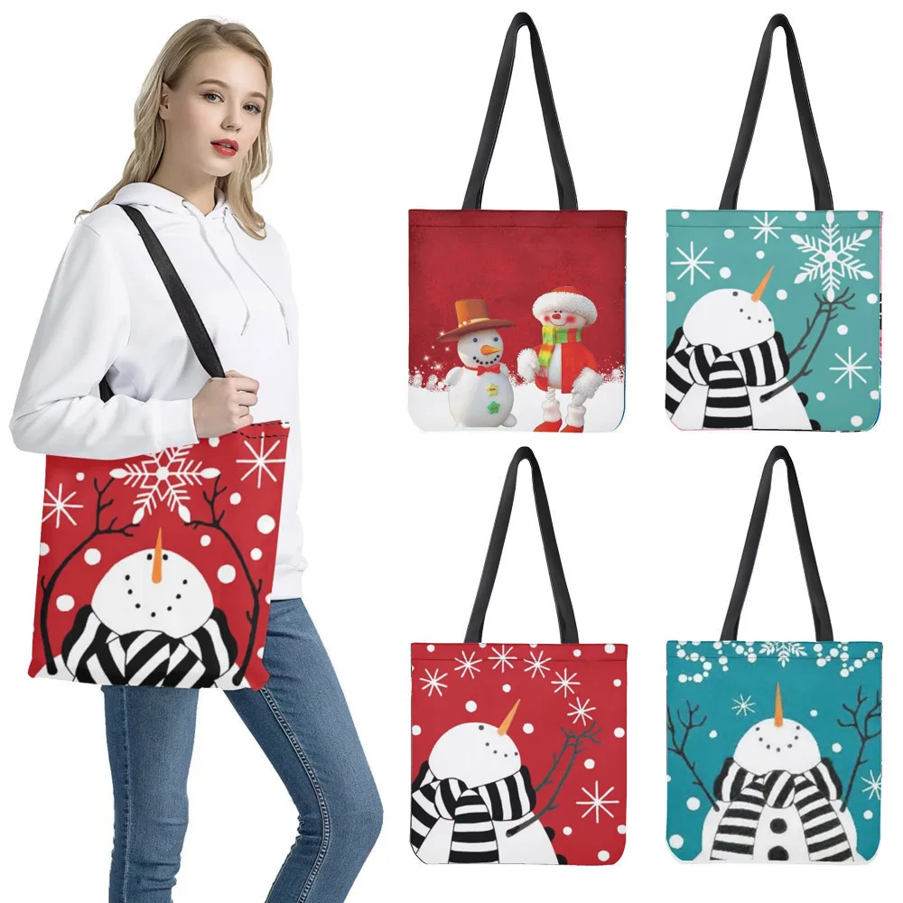 

Eco-friendly Reuse Bag Snowman Snowflake Printed Red & Blue Color Cloth Tote Bag Custom Design Leisure Cумка Christmas Gift 2023