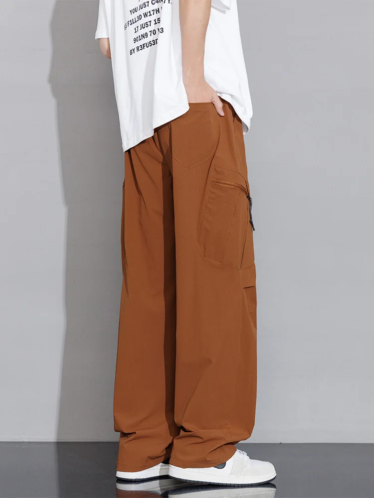 Summer Ice Silk Cargo Pants Men Zip Pockets Light Thin Quick Dry