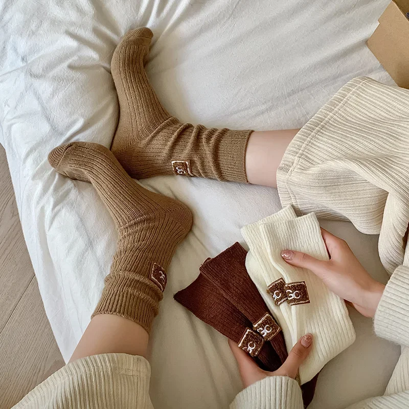 Winter Cozy Thickened Pile Socks Mid Calf Length Casual Cotton Soft Keep Warm Knitted Snow Boot Footwear Print Hosiery Носки