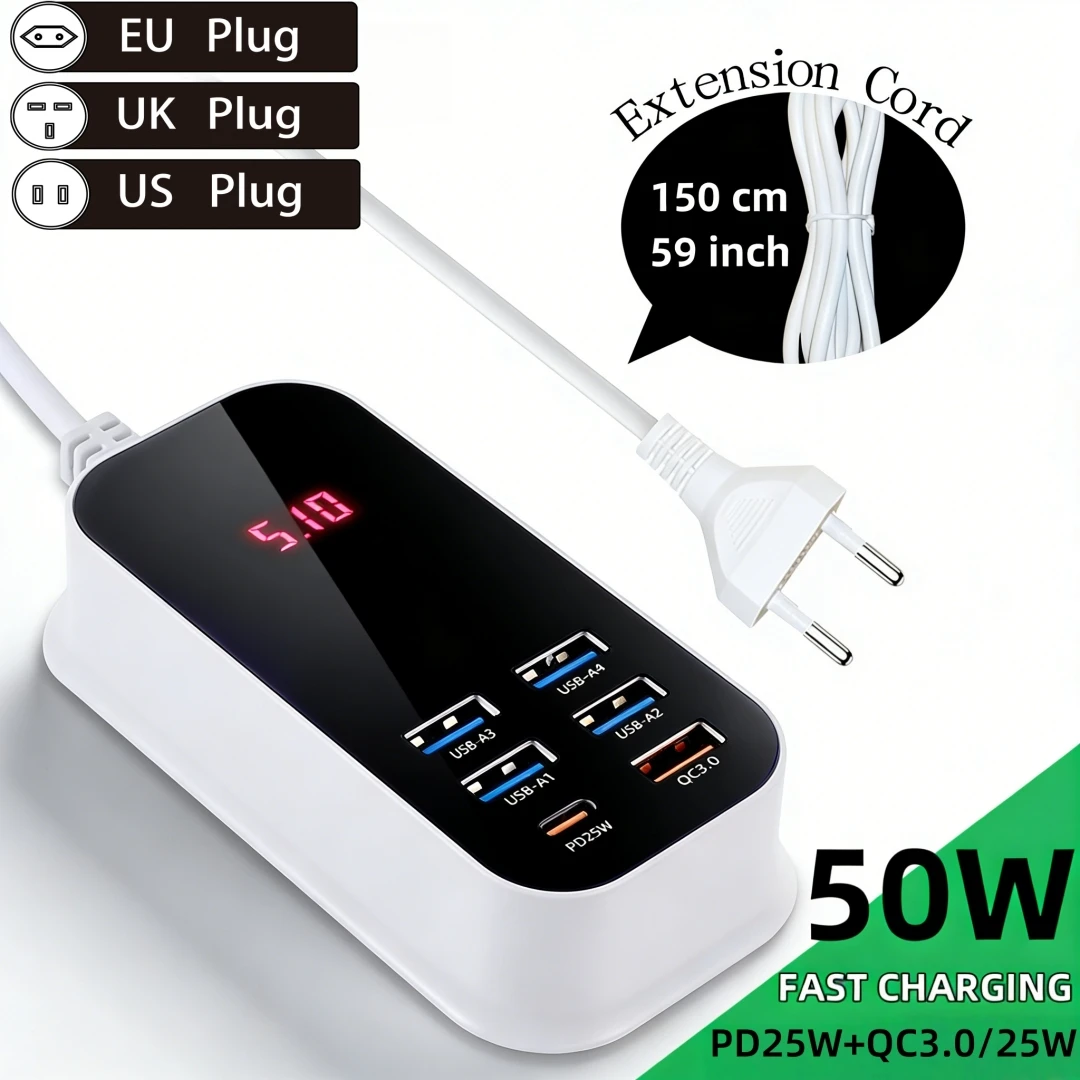 อะแดปเตอร์ชาร์จเร็ว 6 พอร์ต USB-C PD 50W พร้อมไฟ LED