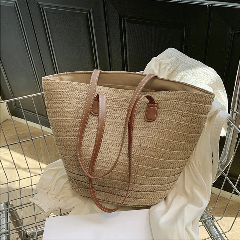 Women Braided Basket Clutches Top-handle Bag Large Straw Portable Shoulder Bag Summer Beach Party Purses Shopper Satchel Female