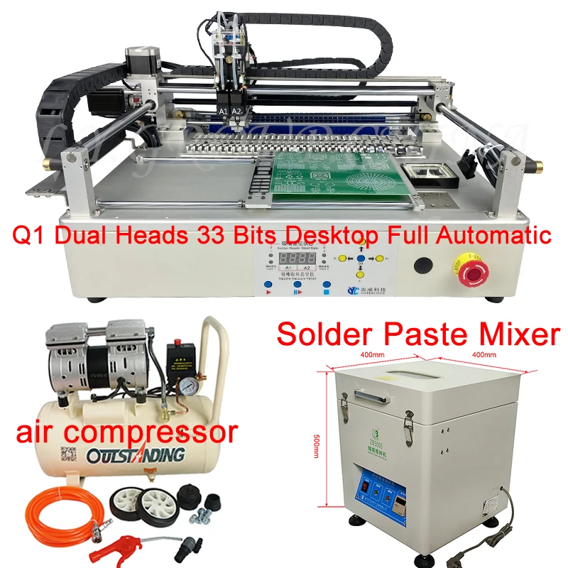 

Q1 Dual Heads 33 Bits Desktop Full Automatic SMT Pick And Place Machine Chip Mounter With Air Compressor And Solder Paste Mixer