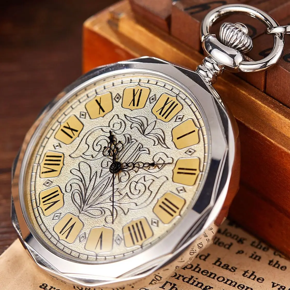 Hexagonal Mechanical Pocket Watch Golden Sliver Bronze Hollow Fob Chain With Box Men Women Lady Watches Mens Vintage Gifts