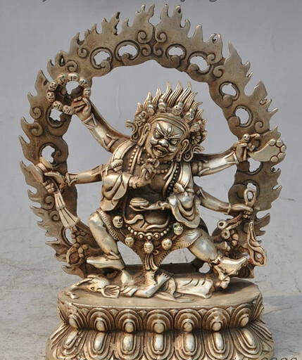

wholesale factory 9" Tibet Silver Buddhist 6 Arms Dorje Vajra Mahakala Buddha Dhammapala Statue