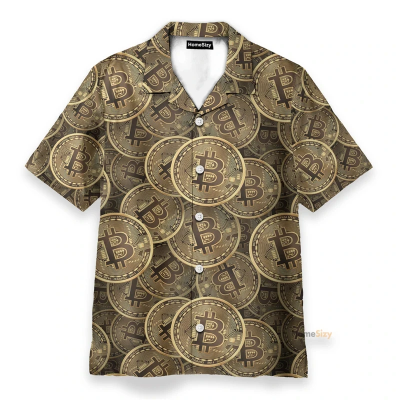 Camisas de playa con estampado gráfico de Bitcoin para hombre, camisas de verano de manga corta con botones, estilo hawaiano, blusas casuales para hombre