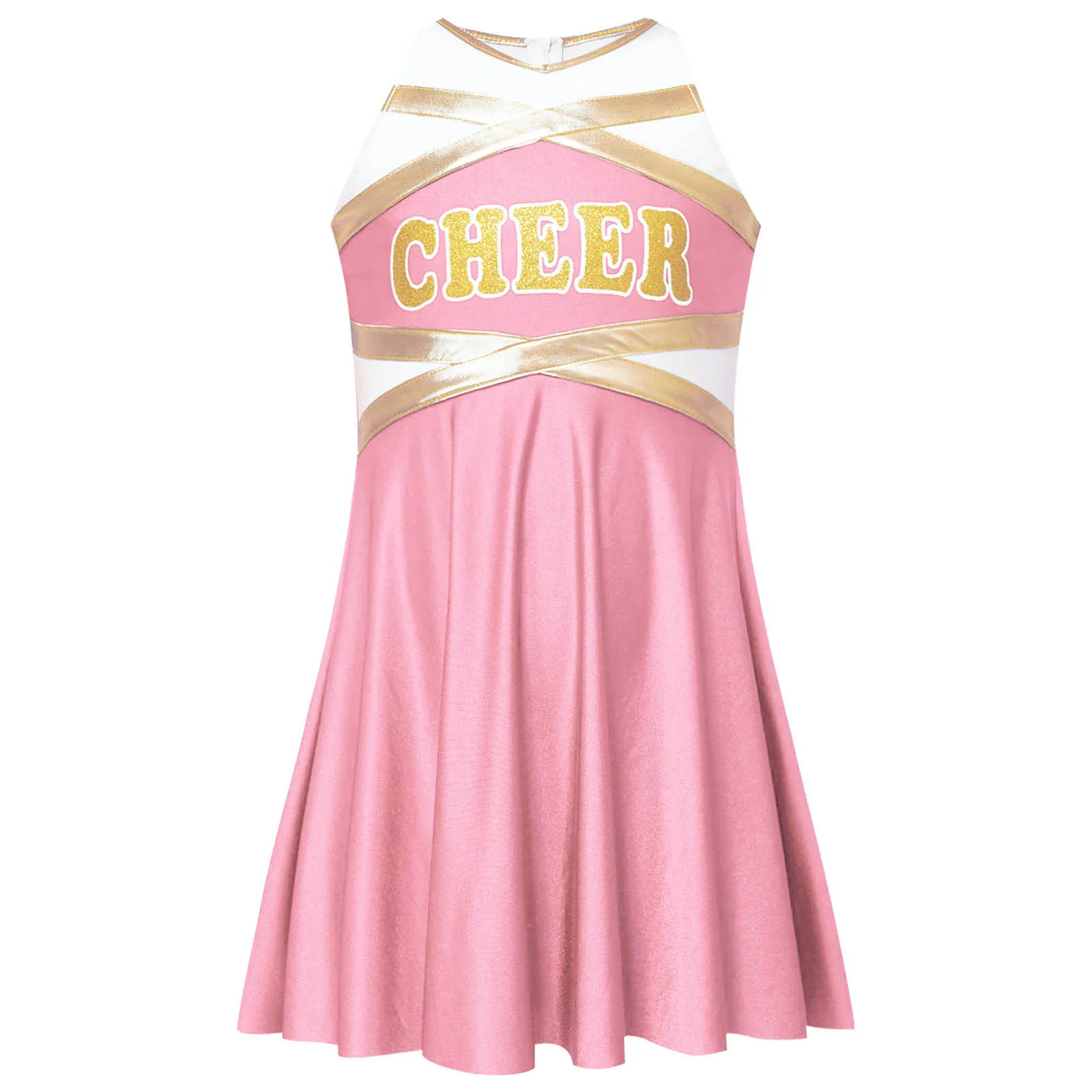 Kids Girls Cheerleading Uniform Cheerleader Cheer Dance Performance Costume Dancewear Sleeveless Letter Print Metallic Dress