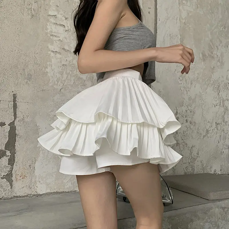 

Sexy Pleated Mini Skirt Women High Waist Skirts Ruffles Solid Color Black White Color