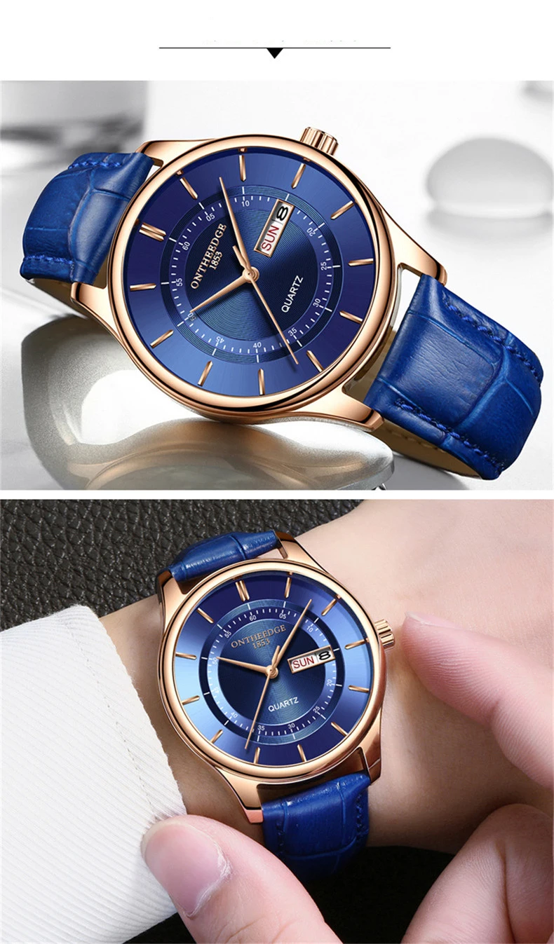 2022 New High Quality Leather Blue Quartz Watch Men Waterproof Watches Business Fashion Auto Date Male Clock Relogio Masculino