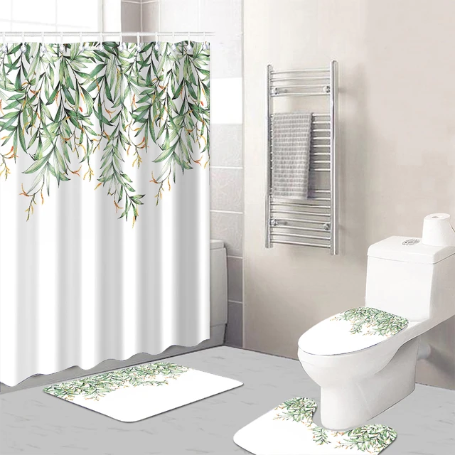 Inverted Plant Leaves Flowers Waterproof Shower Curtain Bathroom Floor Mat  Hanging Decorative with Plastic Hook - AliExpress