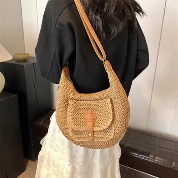 حقيبة كروس نسائية عصرية ذات سعة كبيرة من القش المنسوج، حقيبة هوبو على شكل زلابية، مثالية للتسوق في العطلات والسفر