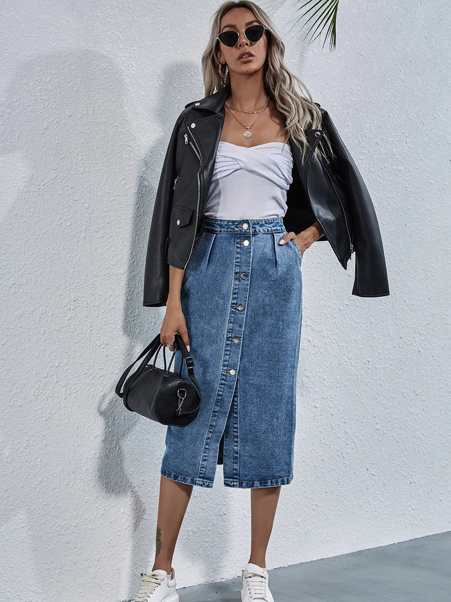 

Single Breasted Knee Length Denim Skirt Women Streetwear Casual Pocket High Waist Straight Jeans Skirt New
